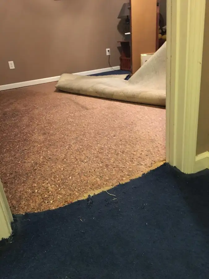 Carpet pad removal revealing water damage during Water Mitigation Services in Somers